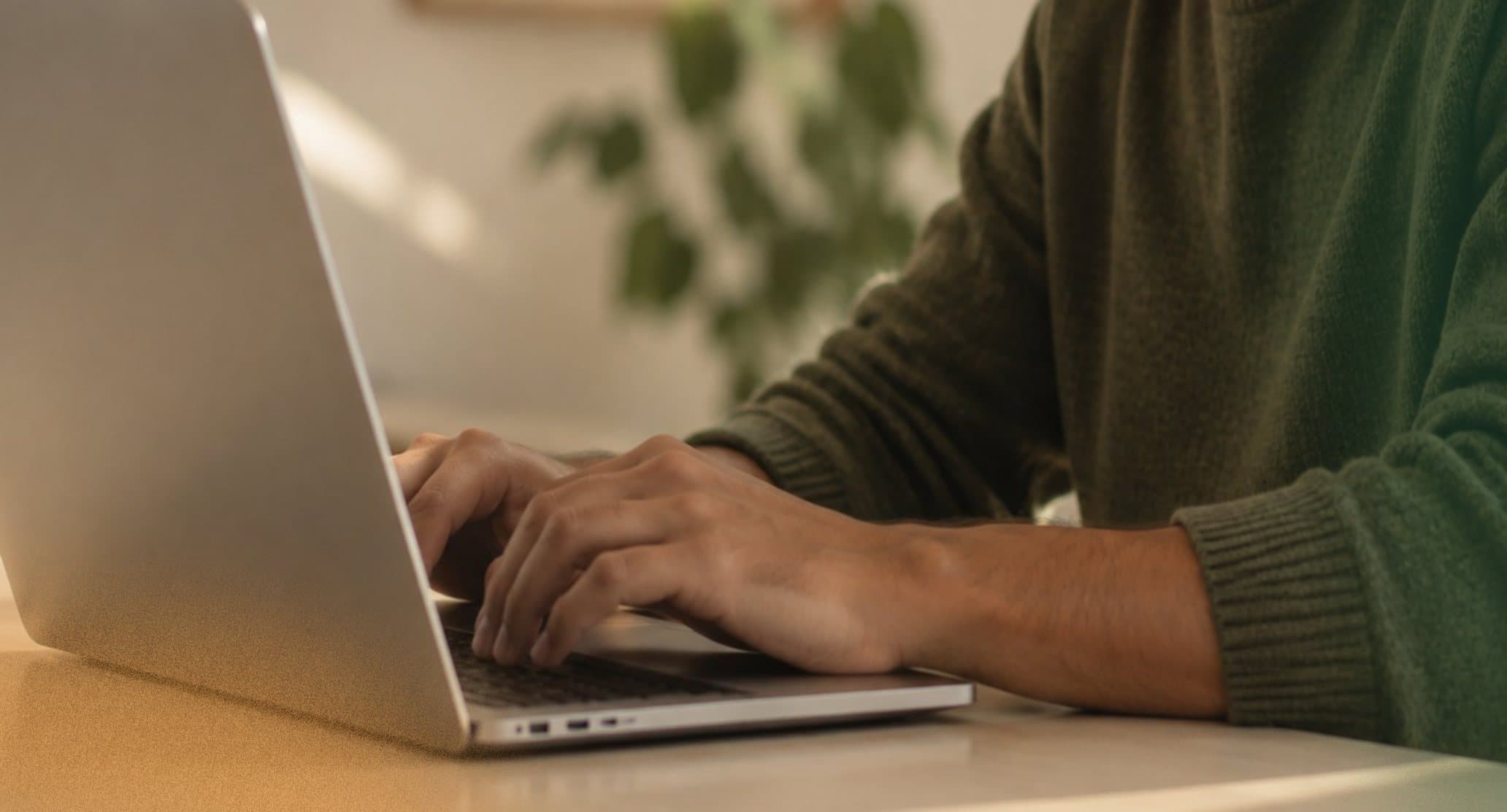 Hands typing on a laptop at a sunlit desk